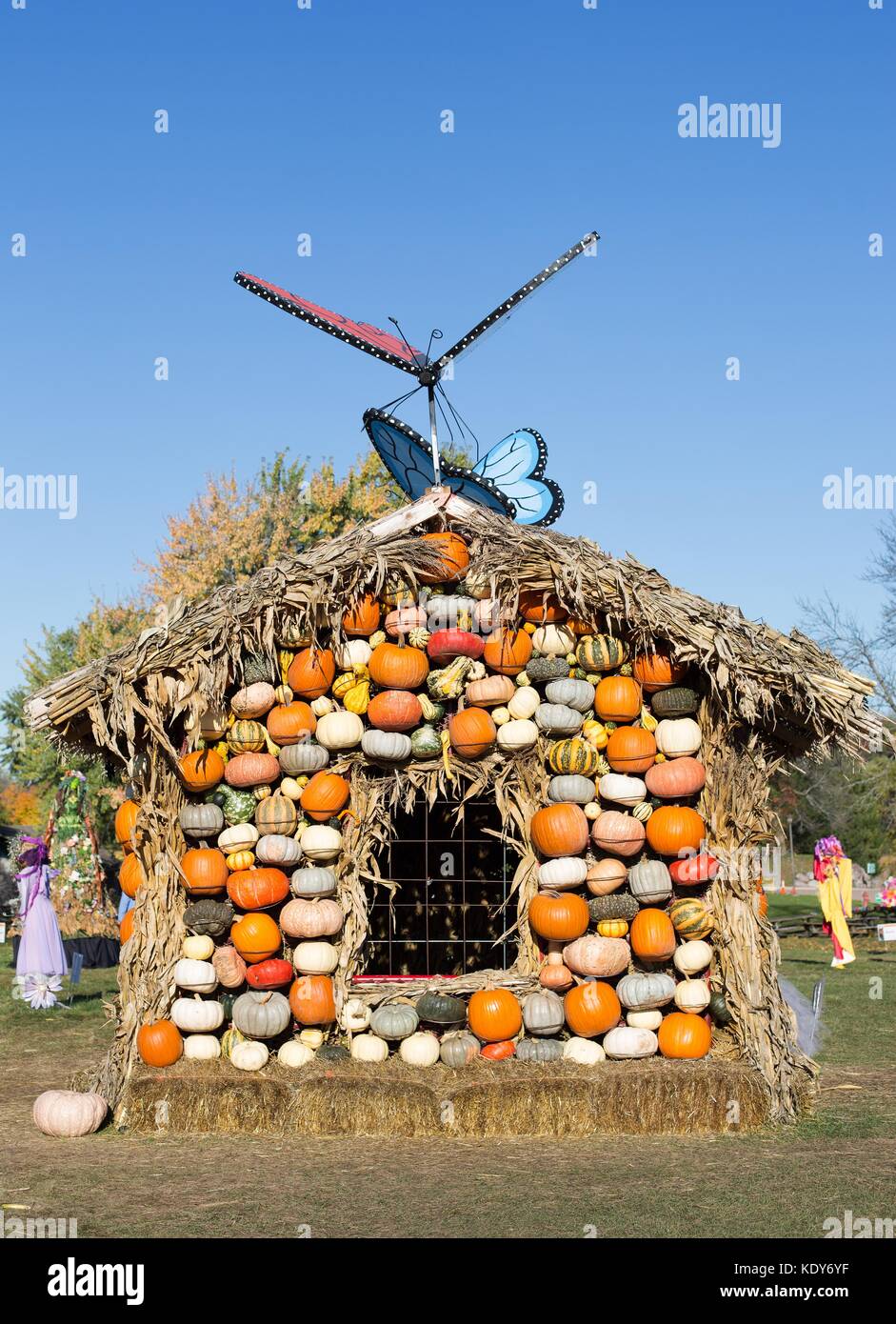 A house made of pumpkins, part of the autumn decorations at the ...