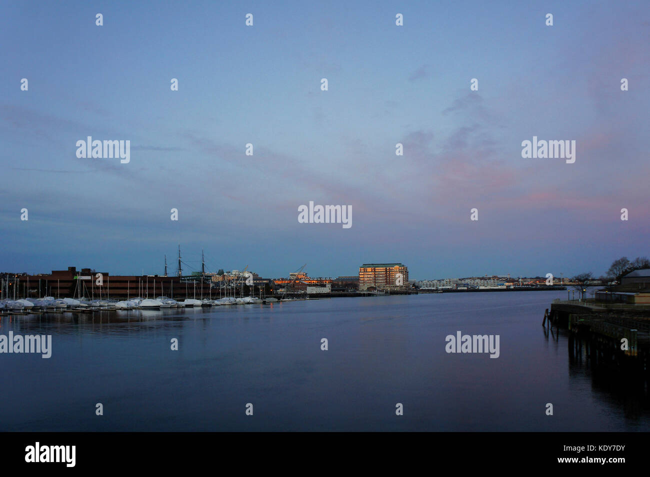 Ocean, ship, port and Boston cityscape at Boston, Massachusetts, United States Stock Photo