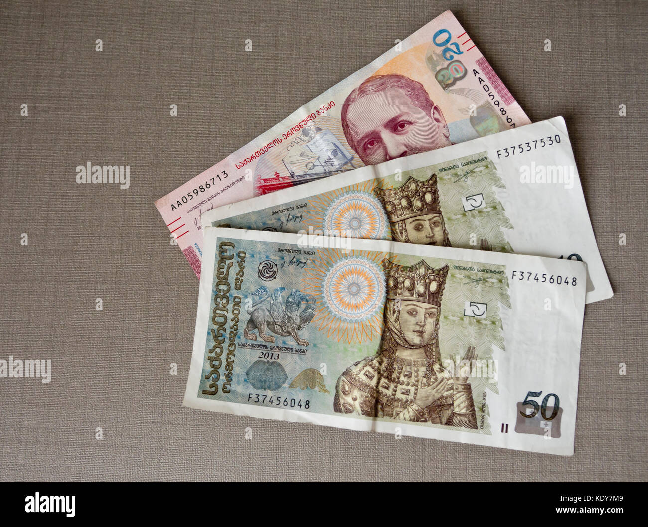 Georgian curreny valid in 2017 Lari, 50 and 20 banknotes in a fan on a tabletop Stock Photo