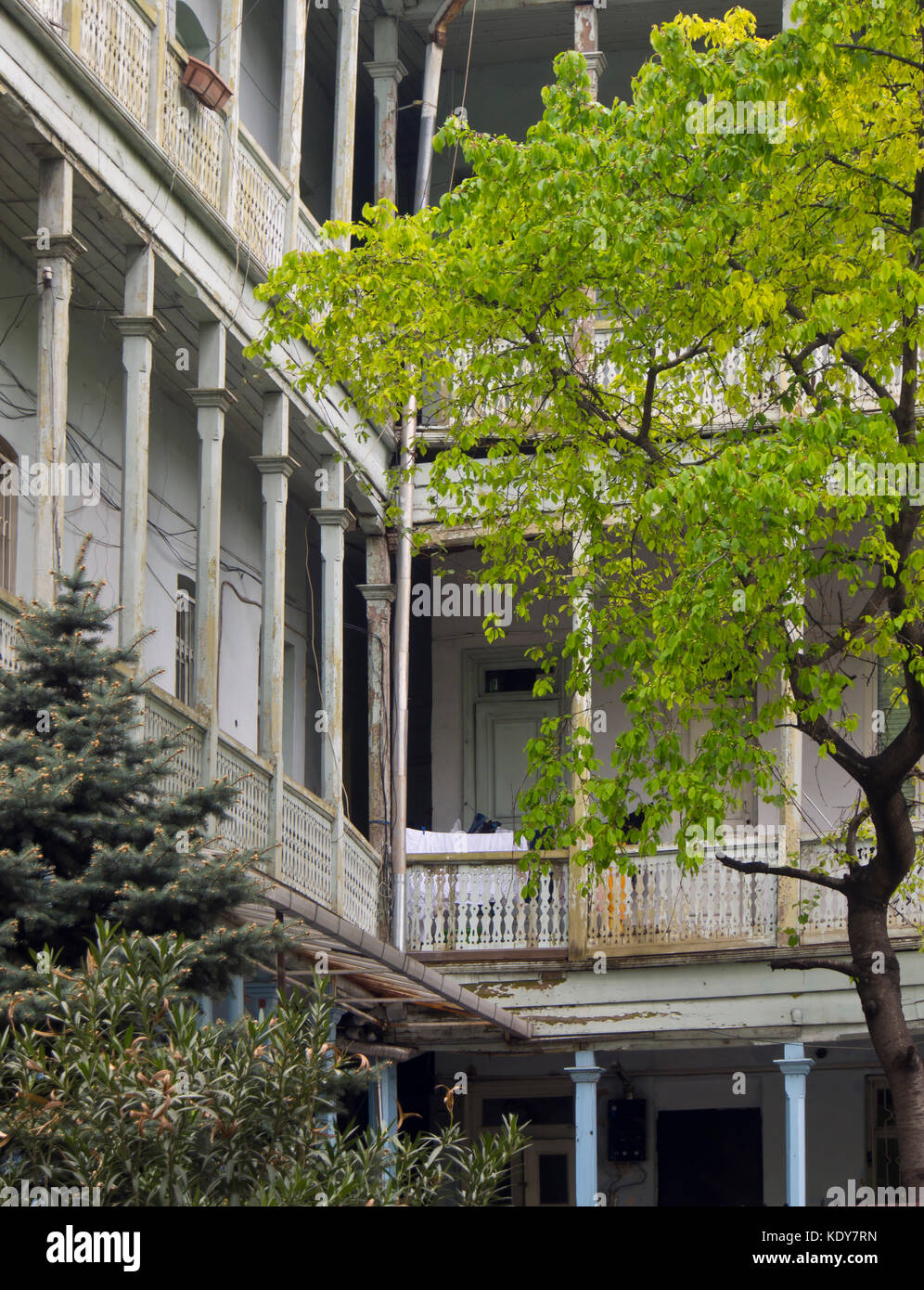 Detail of traditional Georgian architecture in the capital Tbilisi, wooden balustrades Stock Photo