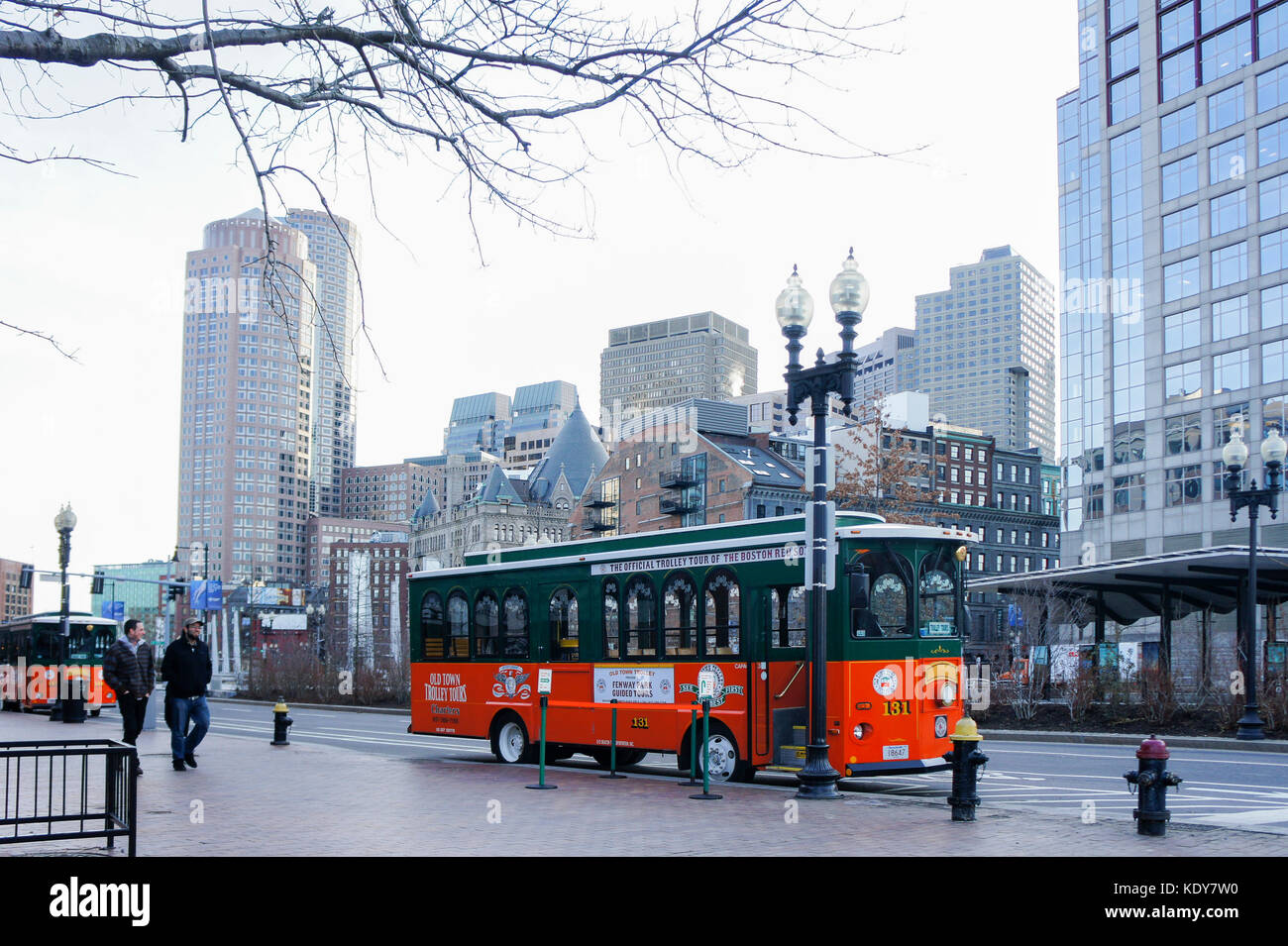 Boston, JAN 26 Orange and green Trolley Tour Bus on JAN 26, 2012 at