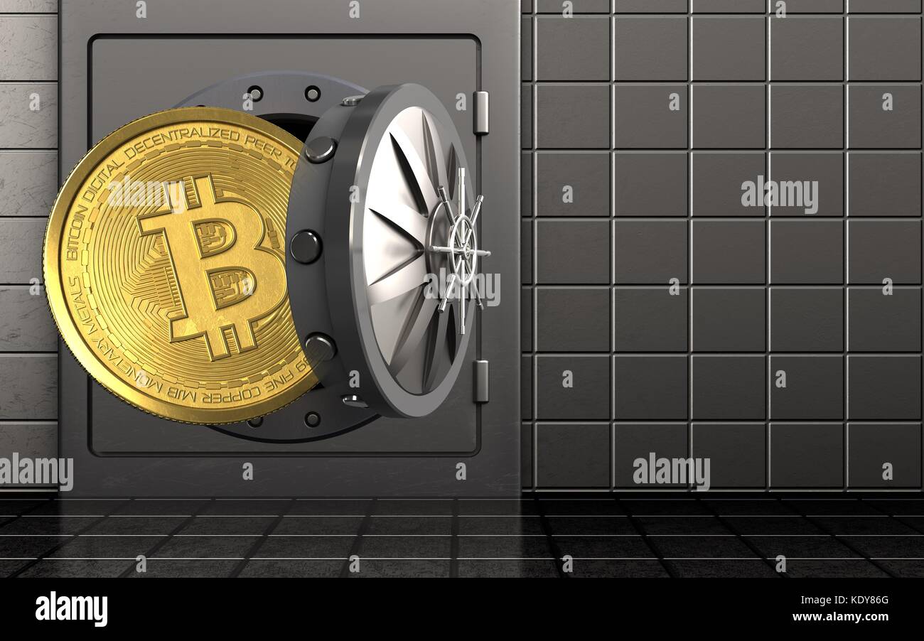 3d illustration of metal safe with bitcoin over steel wall background ...