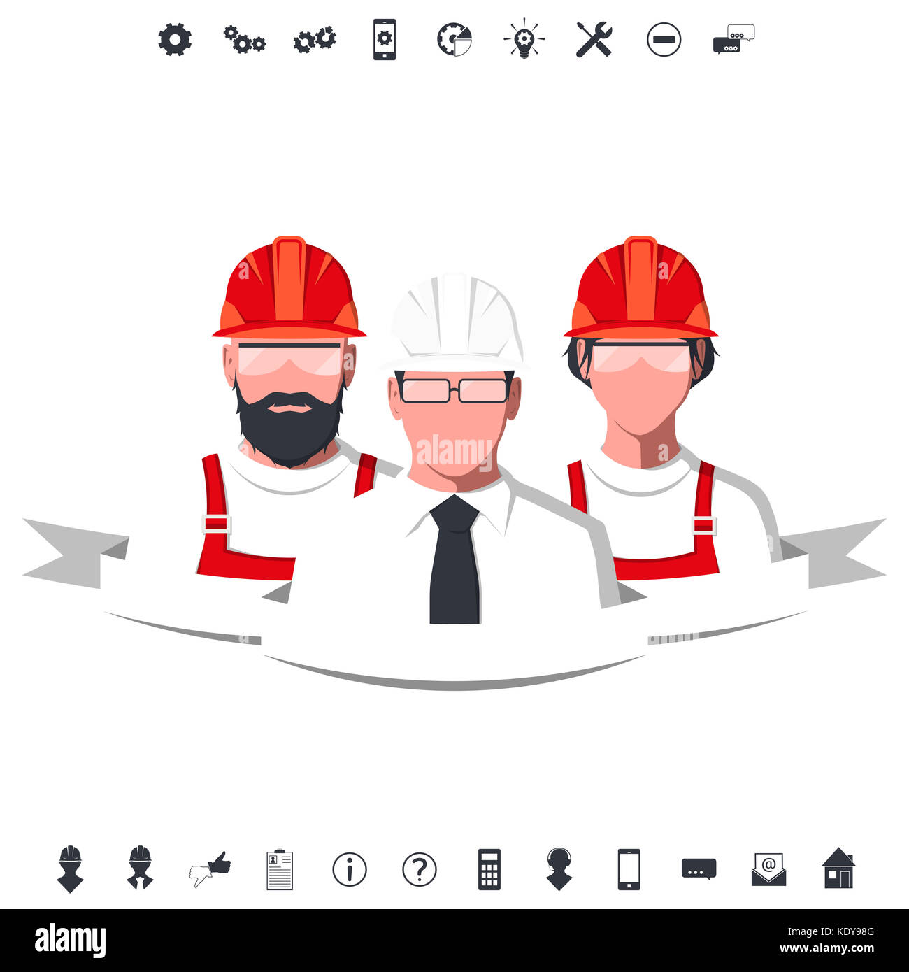Working people. Silhouettes of technical support team. Engineering icons. Flat illustration. Stock Photo