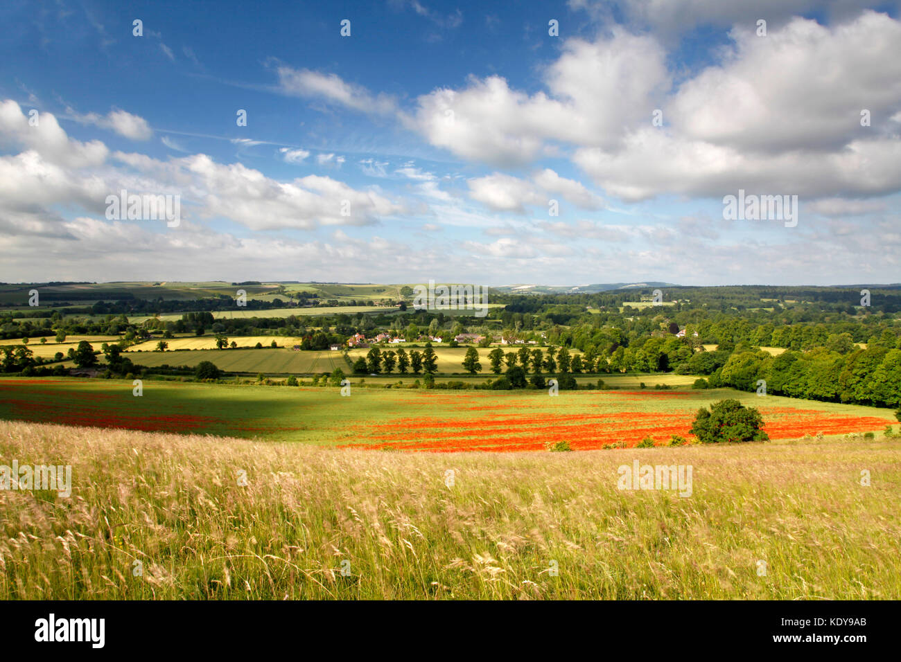 A view of the Wylye Valley east of Warminster in Wiltshire, taken from Scratchbury Hill. Stock Photo