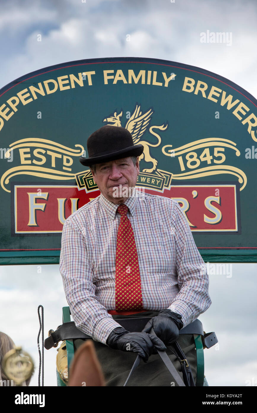 Fullers brewery dray horse and cart driver at Weald and Downland open air museum, autumn countryside show, Singleton, Sussex, England Stock Photo