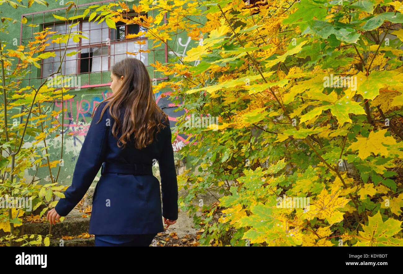 Alone Teen girl in the autumn forest and hut Stock Photo