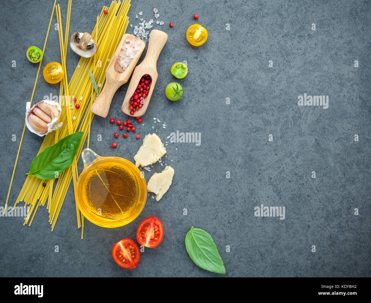 Italian food concept. Spaghetti with ingredients sweet basil ,tomato ...