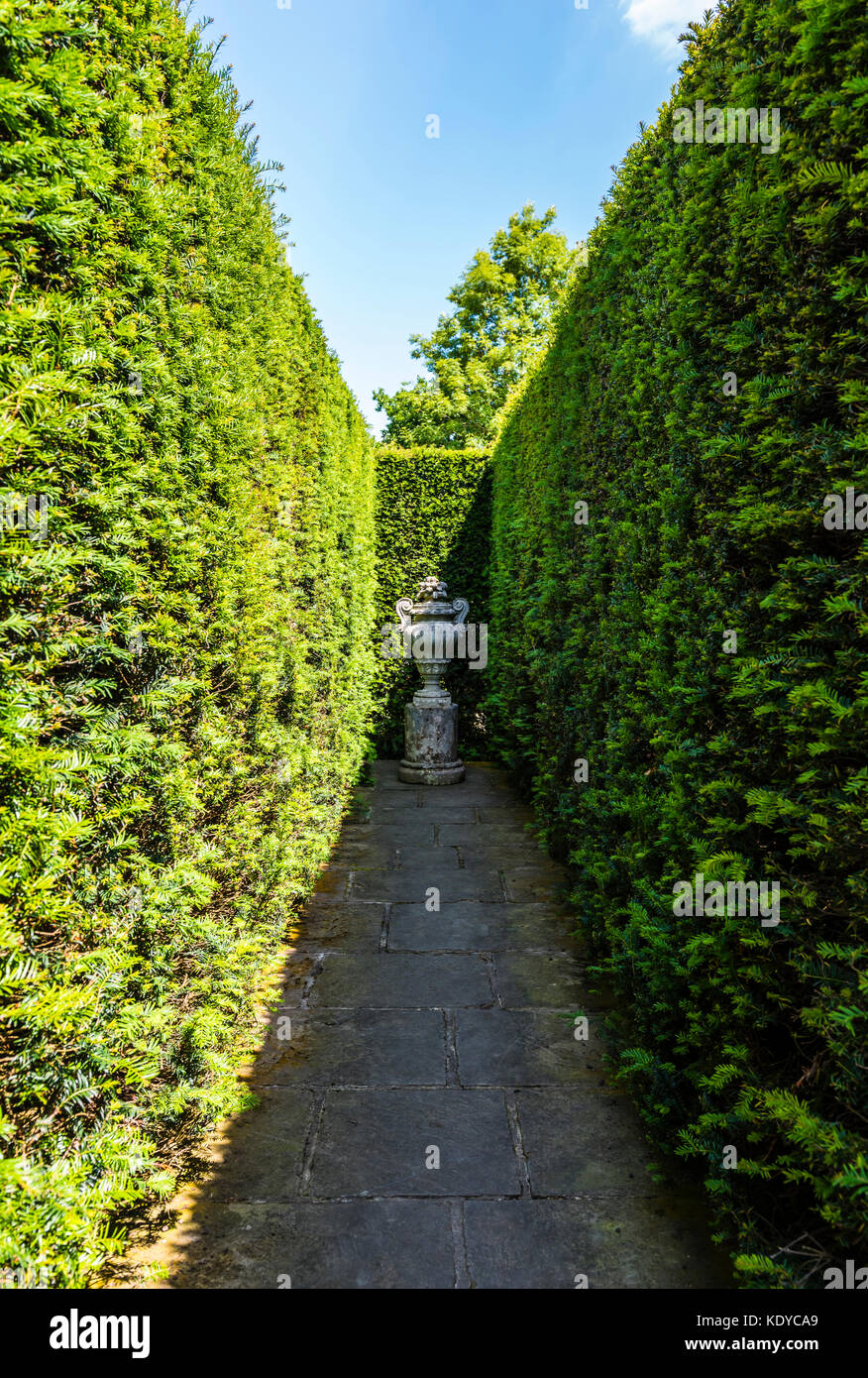 Clipped hedges and statue at Sissinghurst Gardens, Kent, UK Stock Photo