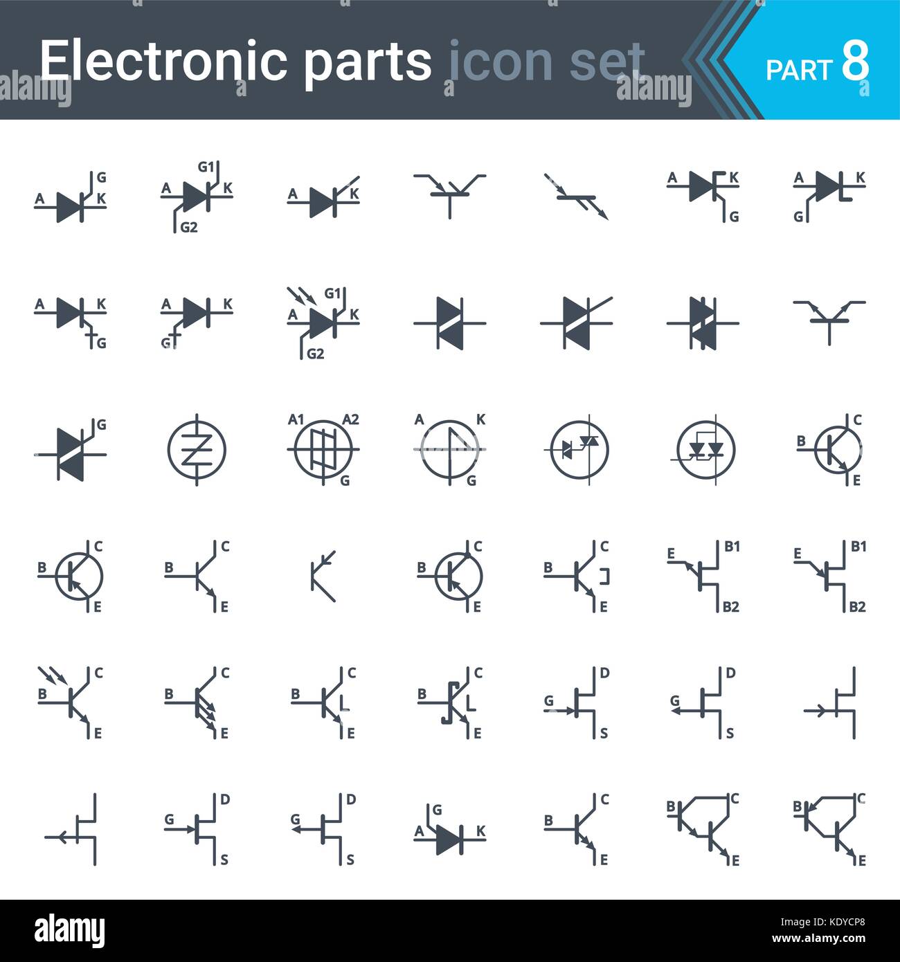 Complete vector set of electric and electronic circuit diagram symbols and elements - thyristors, triacs, diacs and transistors Stock Vector