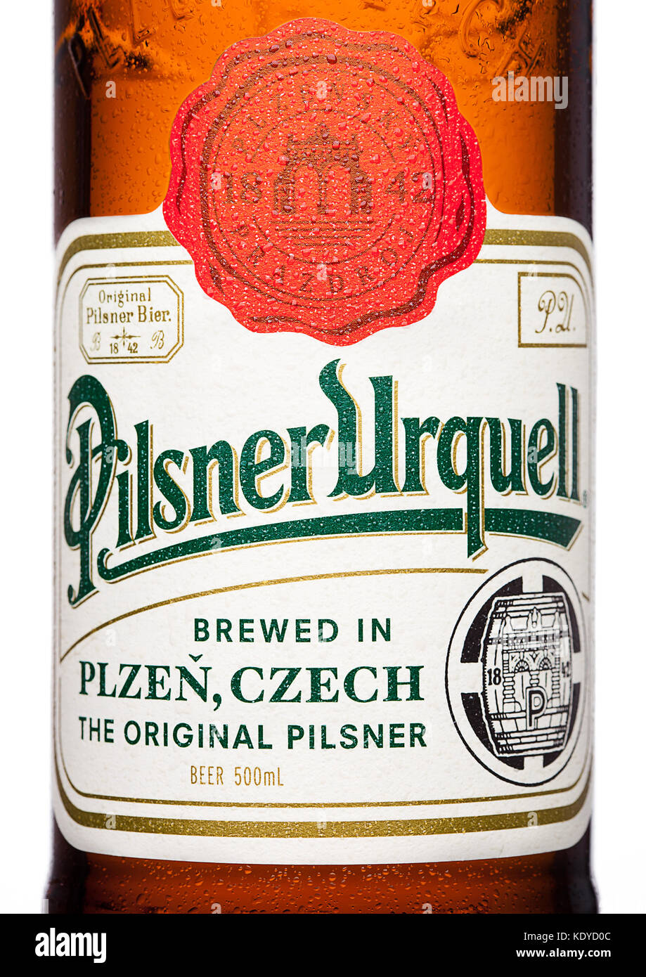 LONDON,UK - MARCH 21, 2017 :  Bottle label of Pilsner Urquell beer on white background.It has been produced since 1842 in Pilsen, Czech Republic. Stock Photo