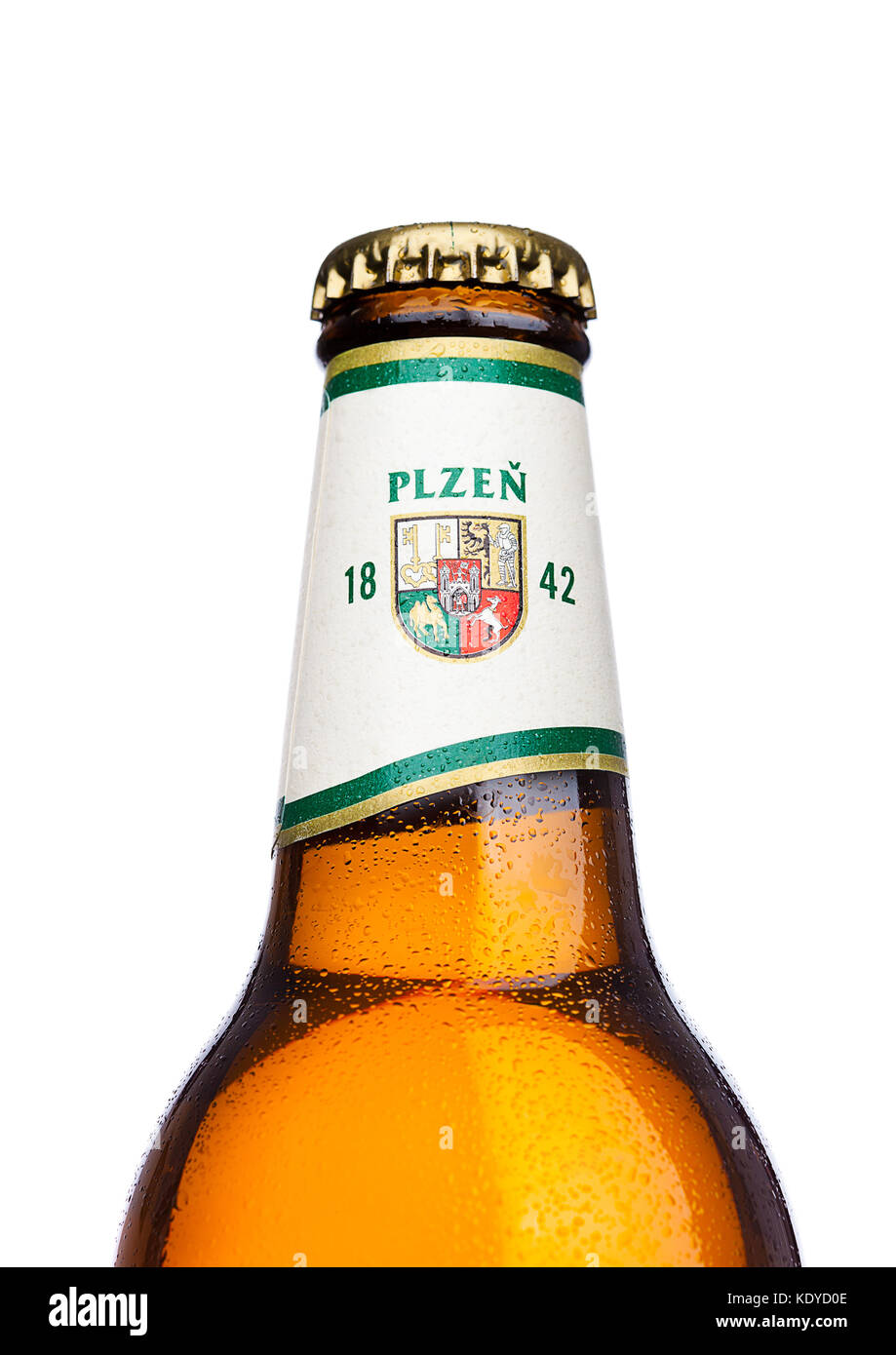 LONDON,UK - MARCH 21, 2017 :  Bottle of Pilsner Urquell beer on white background.It has been produced since 1842 in Pilsen, Czech Republic. Stock Photo