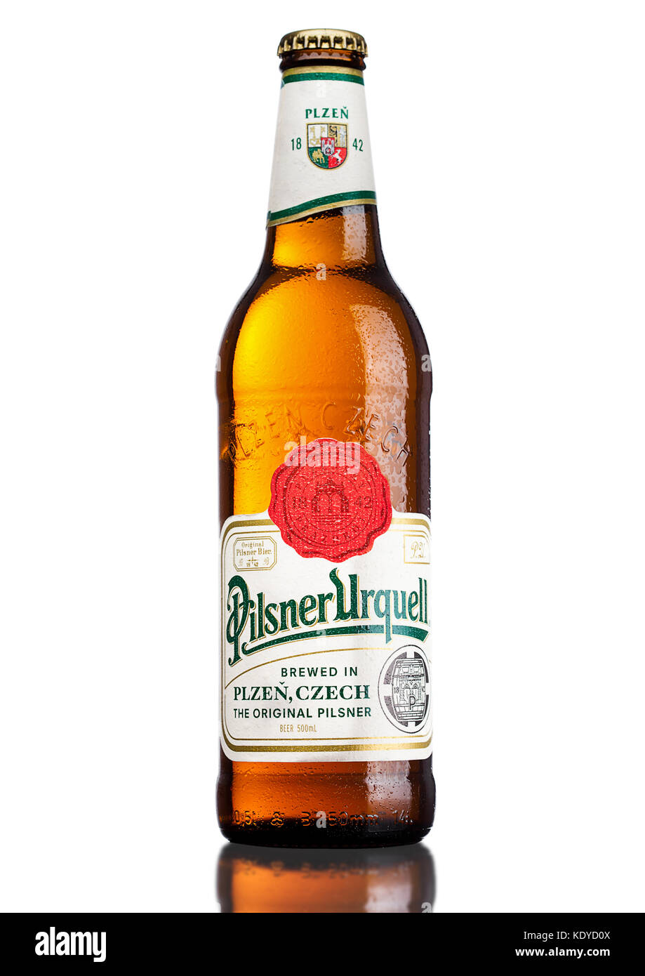 LONDON,UK - MARCH 21, 2017 :  Bottle of Pilsner Urquell beer on white background.It has been produced since 1842 in Pilsen, Czech Republic. Stock Photo