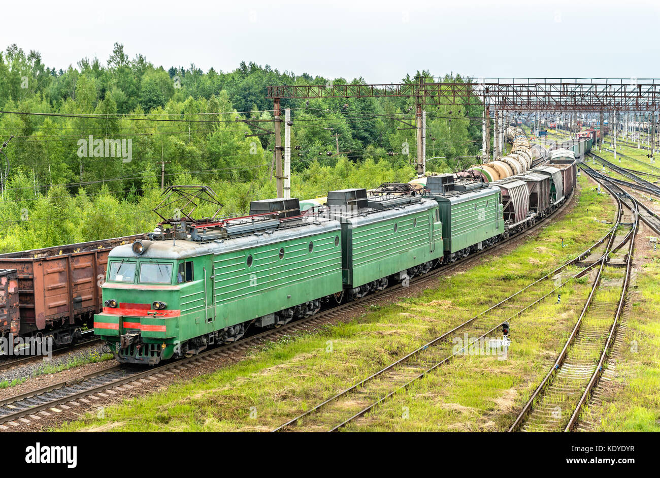 Freight train at Bekasovo-Sortirovochnoye station, the largest in Europe railway station. Moscow, Russia Stock Photo