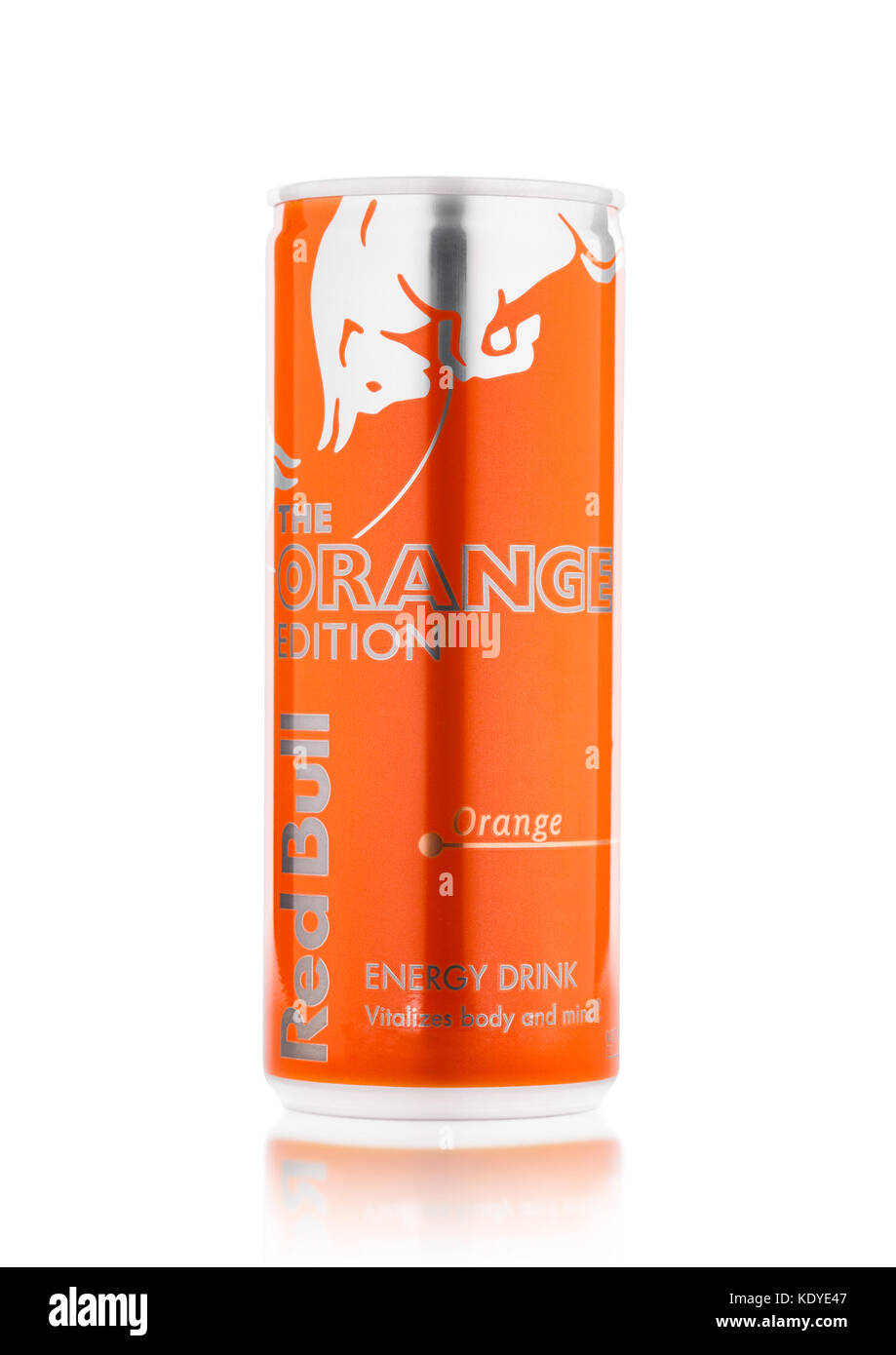 LONDON, UK APRIL 12, 2017 Can of Red Bull Energy Drink The Orange