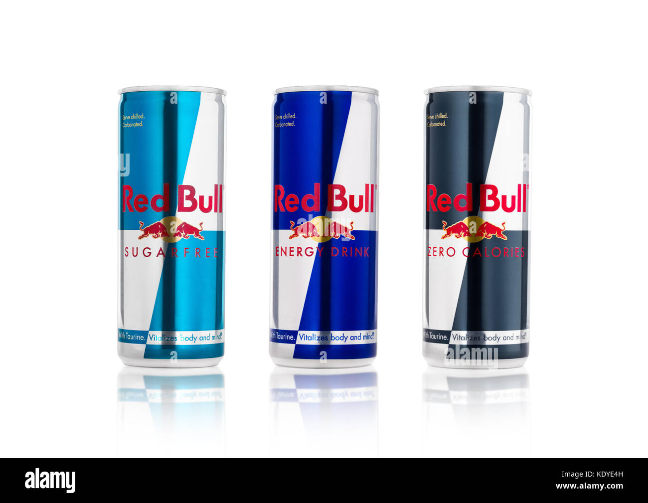 LONDON, UK - APRIL 12, 2017: Can of Red Bull Energy Drink Sugar Free and Zero Calories on white background with reflection. Red Bull is the most Stock - Alamy