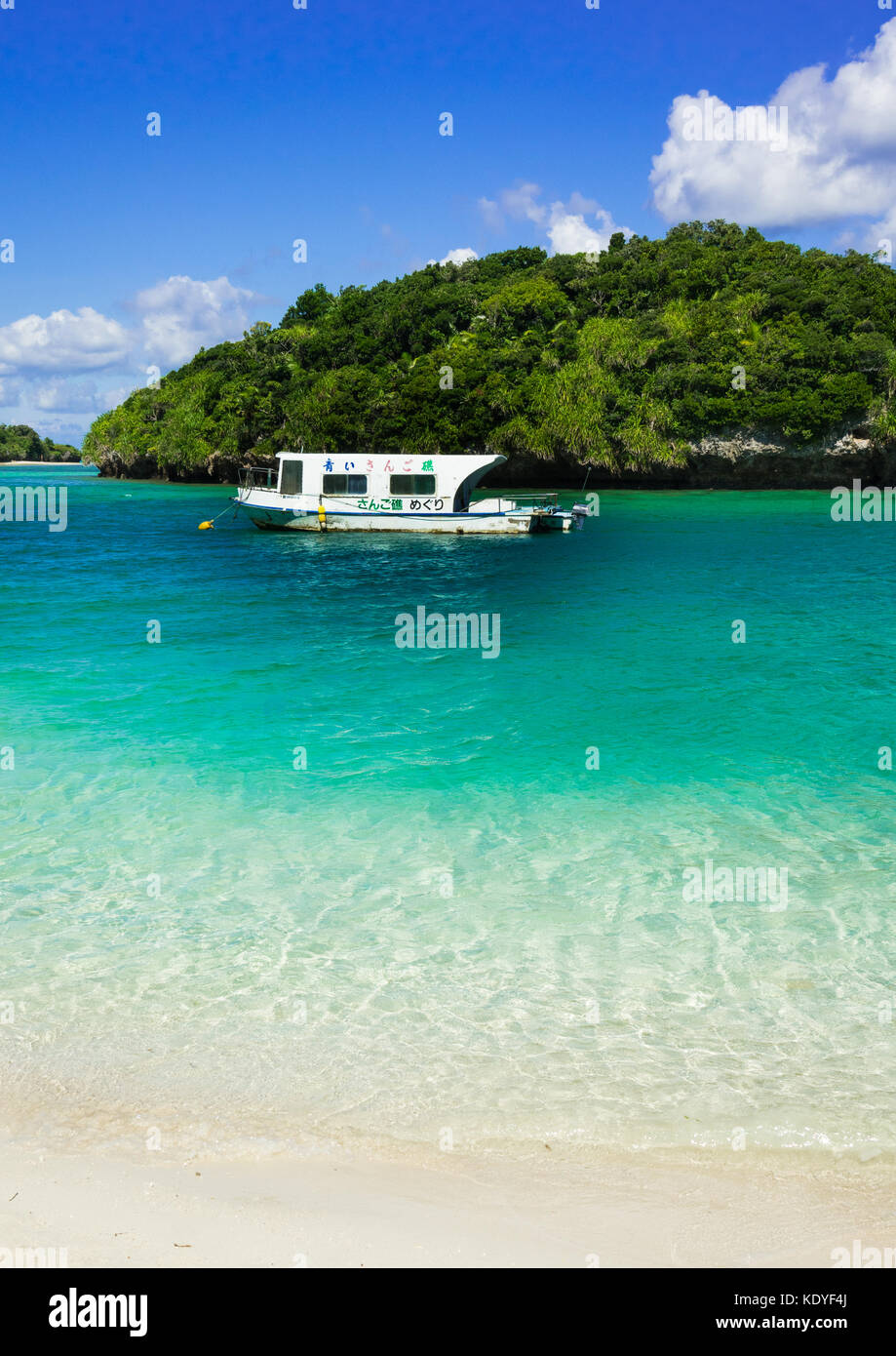 Glass boat in crystal clear waters of Kabira bay, Ishigaki-jima, Yaeyama Islands, Okinawa Prefecture, Japan Stock Photo