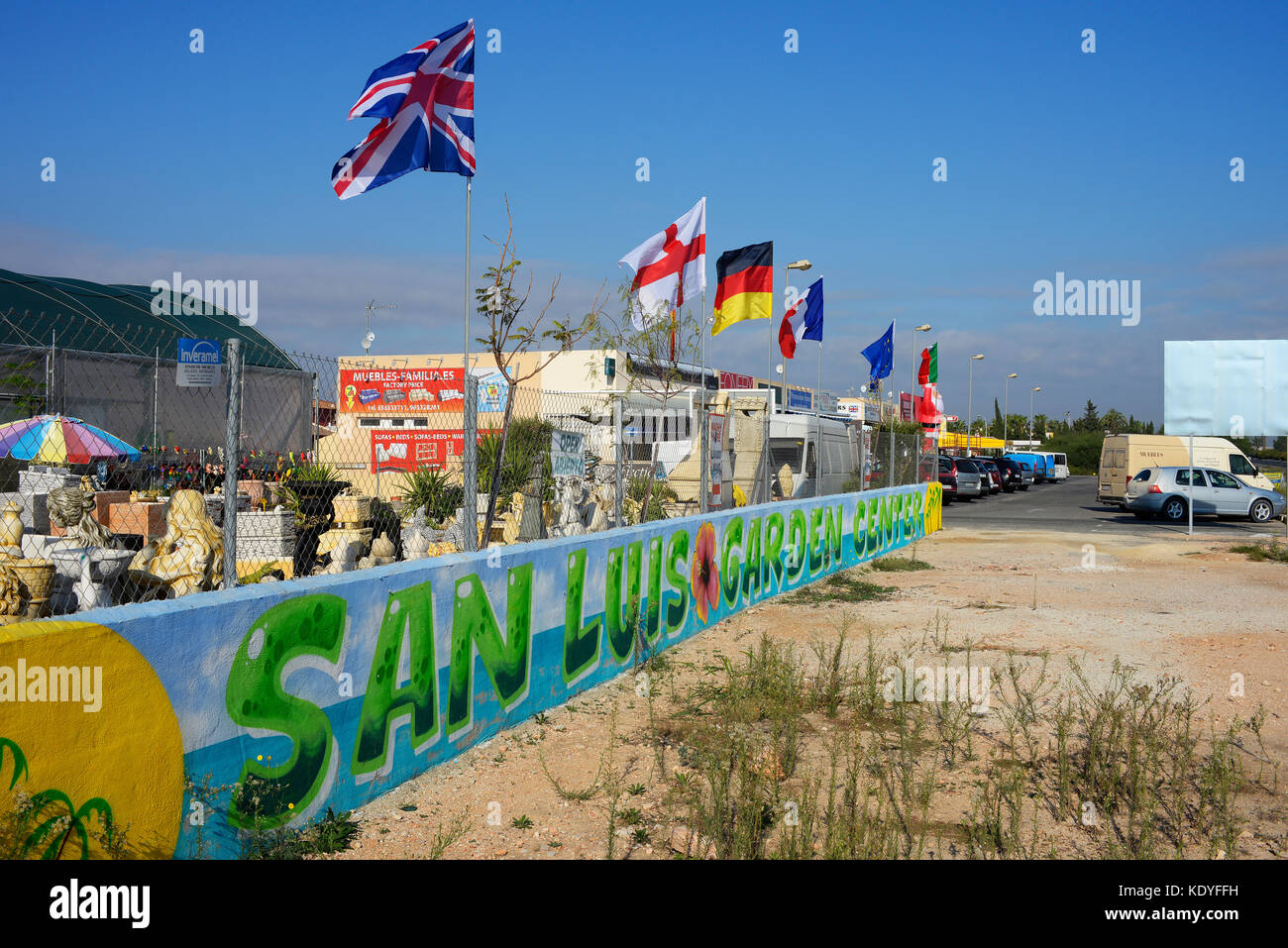 San Luis Garden Center in Torrevieja, Spain. European nation flags Stock Photo