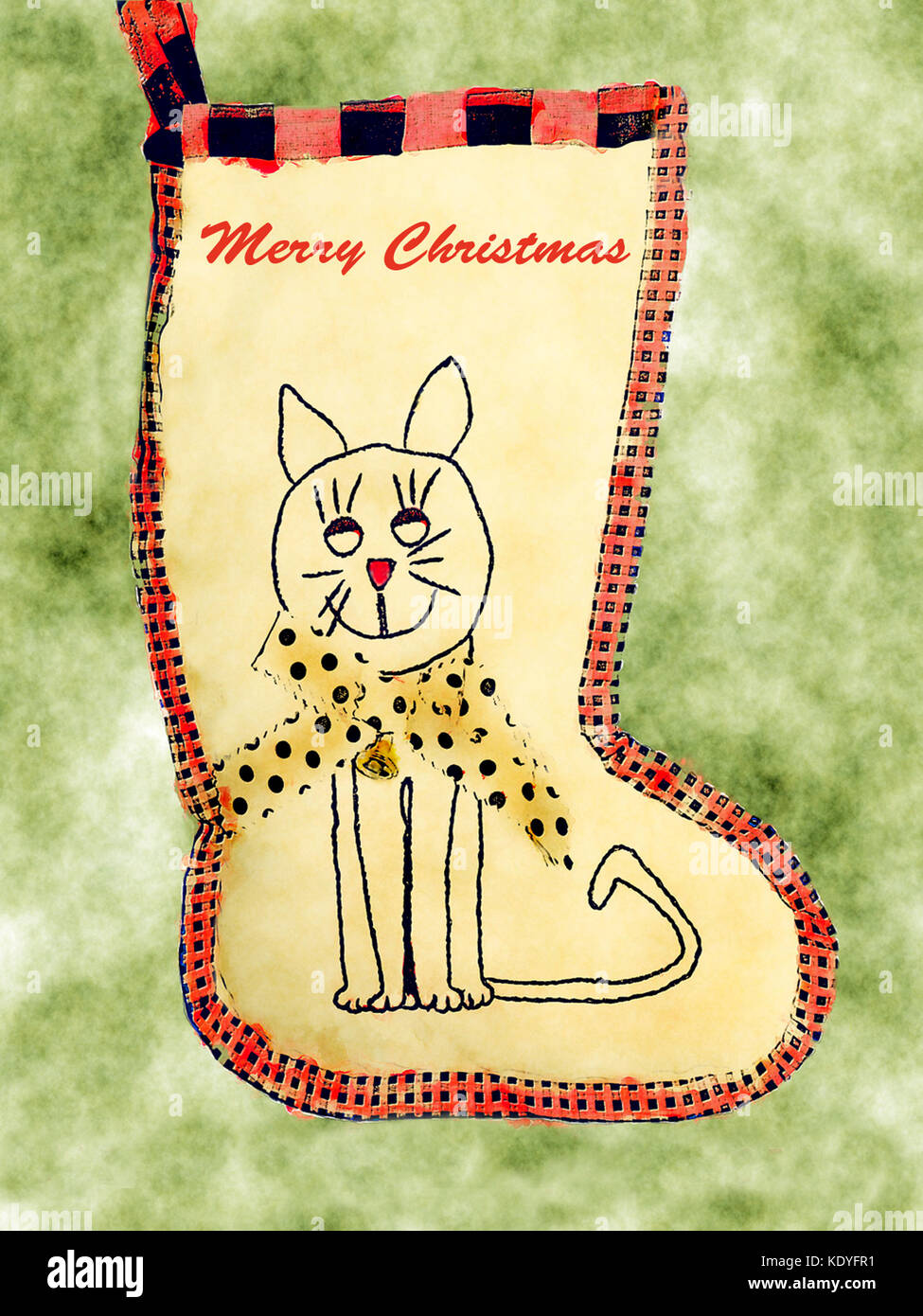 A handmade stocking with smiling cat on white with red and white trim.  Copy space on stocking for text. Stock Photo