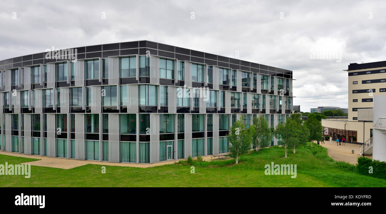Modern English office building with adjacent planting and paved area