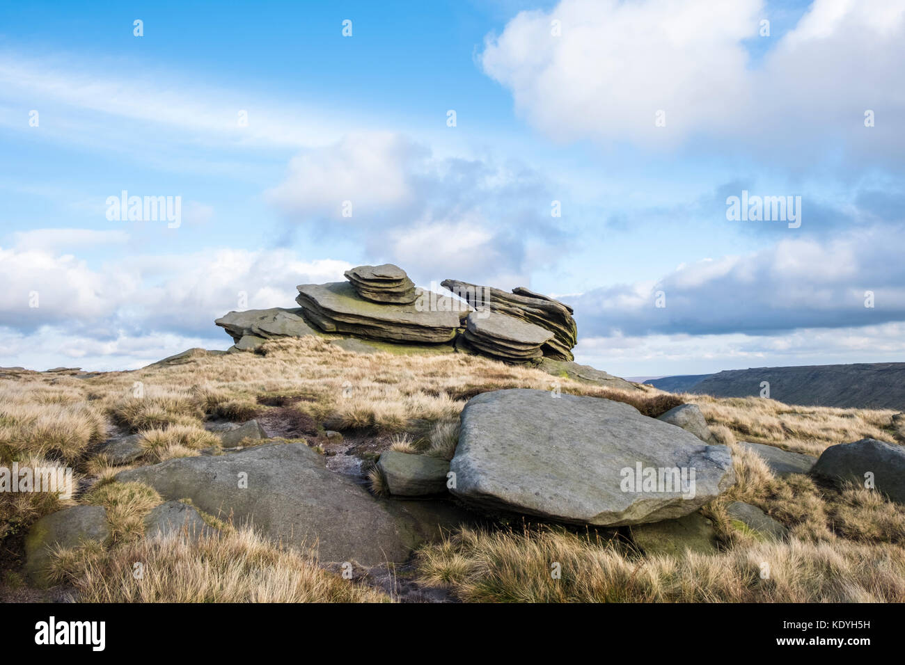 Moorland landscape with a gritstone rock formation, Fairbrook Naze, Kinder Scout, Derbyshire, Peak District, England, UK Stock Photo