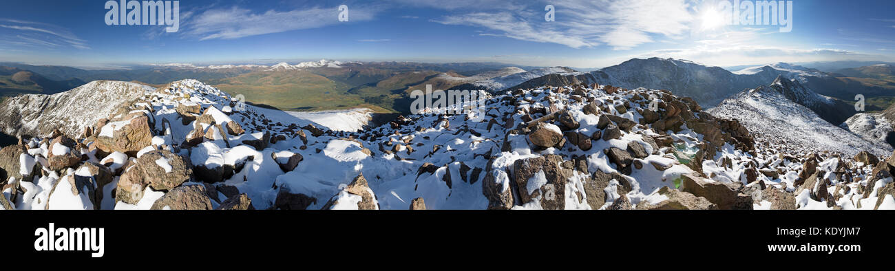 360 degree panorama from the snowy summit of Mount Bierstadt in Colorado with Mount Evans on the horizon Stock Photo