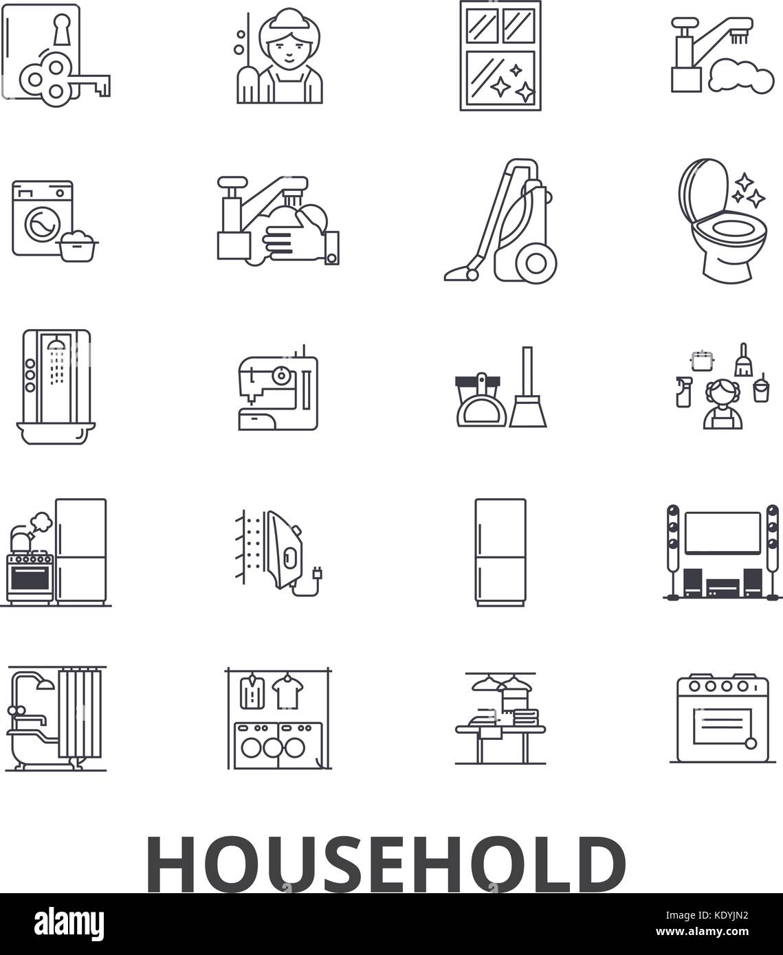 Household, equipment, cleaning, home, house, machine, appliances line icons. Editable strokes. Flat design vector illustration symbol concept. Linear isolated signs Stock Vector