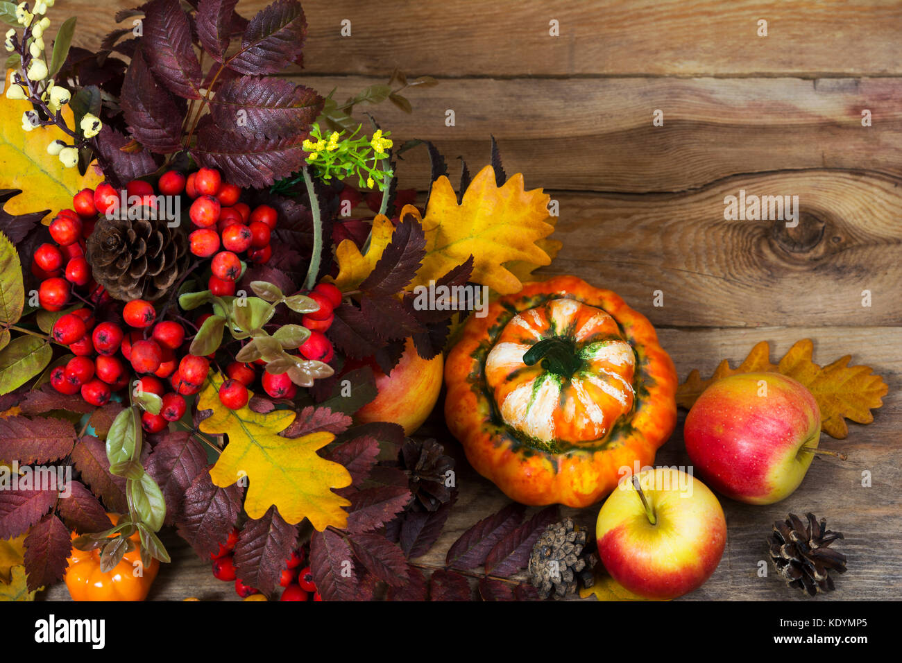 Thanksgiving background with rowan berries, cones, apples, pumpkins ...