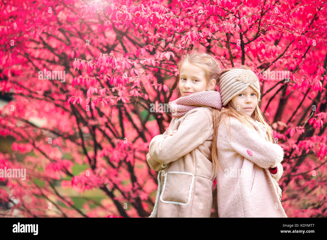 Little adorable girls at warm day in autumn park outdoors Stock Photo ...