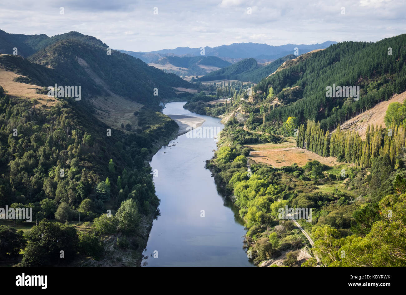 The beautiful landscape of the Whanganui River and surrounding hills
