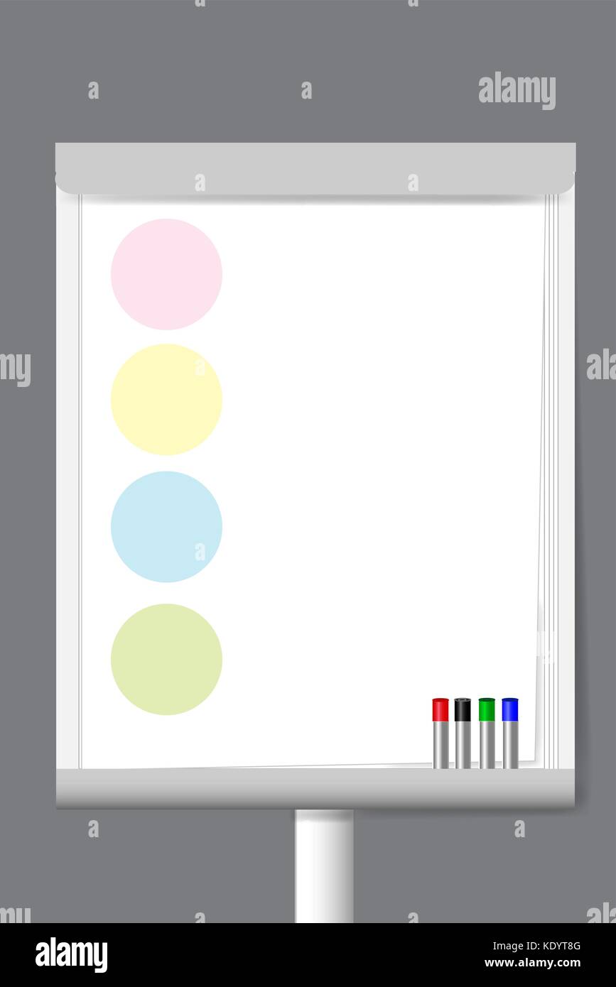 Flip chart with markers and color circle moderation papers ready for your text. Stock Vector