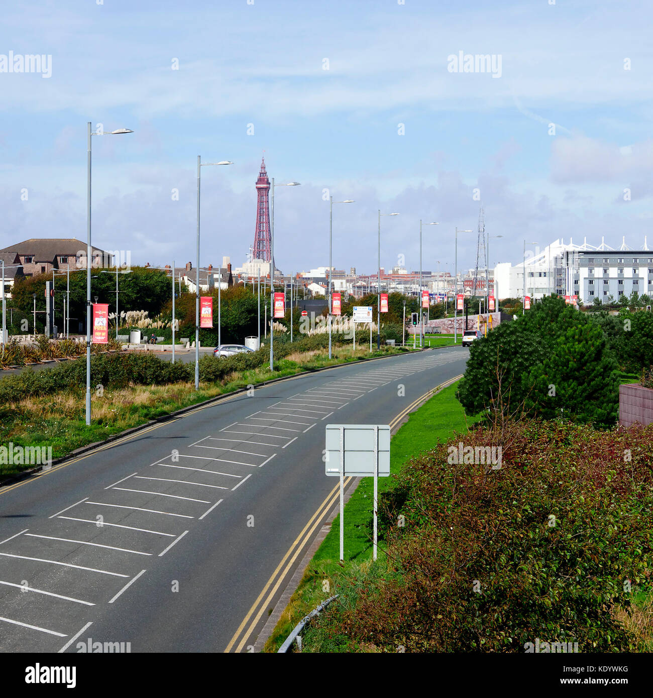 Seaside Way and Blackpool football club ground on Bloomfield Road,Blackpool,Lancashire,UK Stock Photo