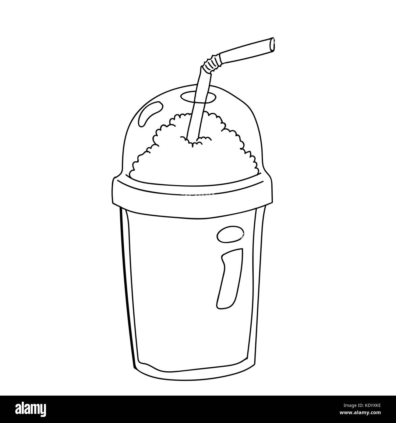 Hand drawing of Plastic Bottle for Coffee Cartoon, isolated on white background. Black and White simple line Vector Illustration for Coloring Book - L Stock Vector