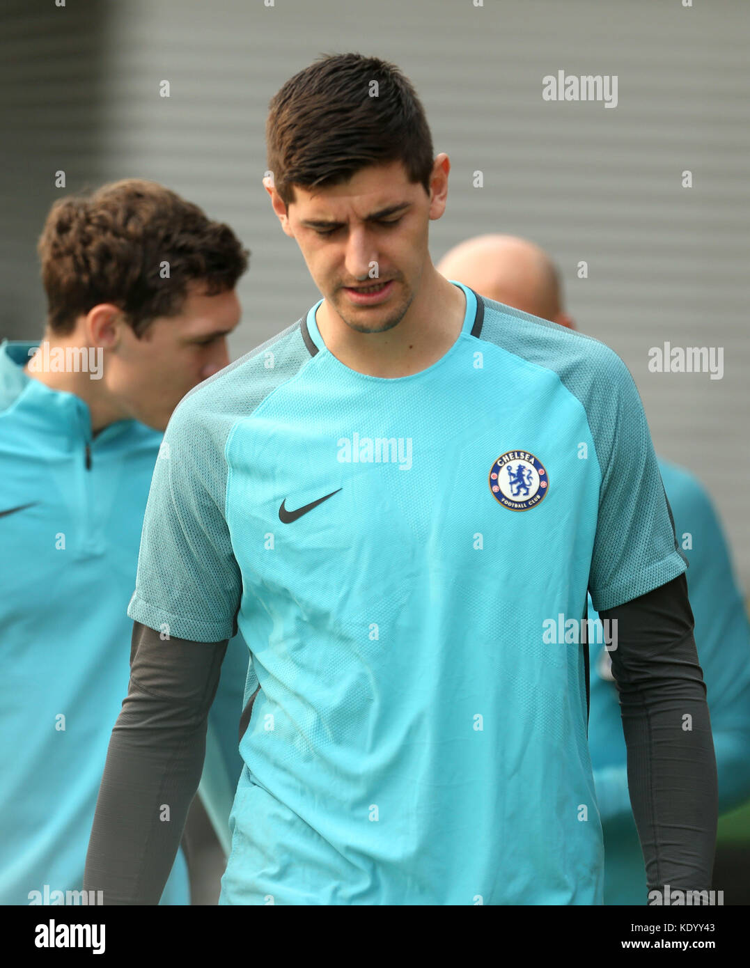 Chelsea goalkeeper Thibaut Courtois during a training session at Chelsea FC Training Ground, Stoke D'Abernon. Stock Photo