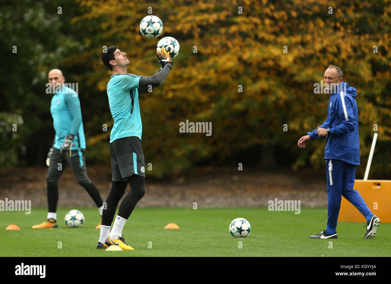 Chelsea goalkeeper Thibaut Courtois during a training session at Chelsea FC Training Ground, Stoke D'Abernon. Stock Photo