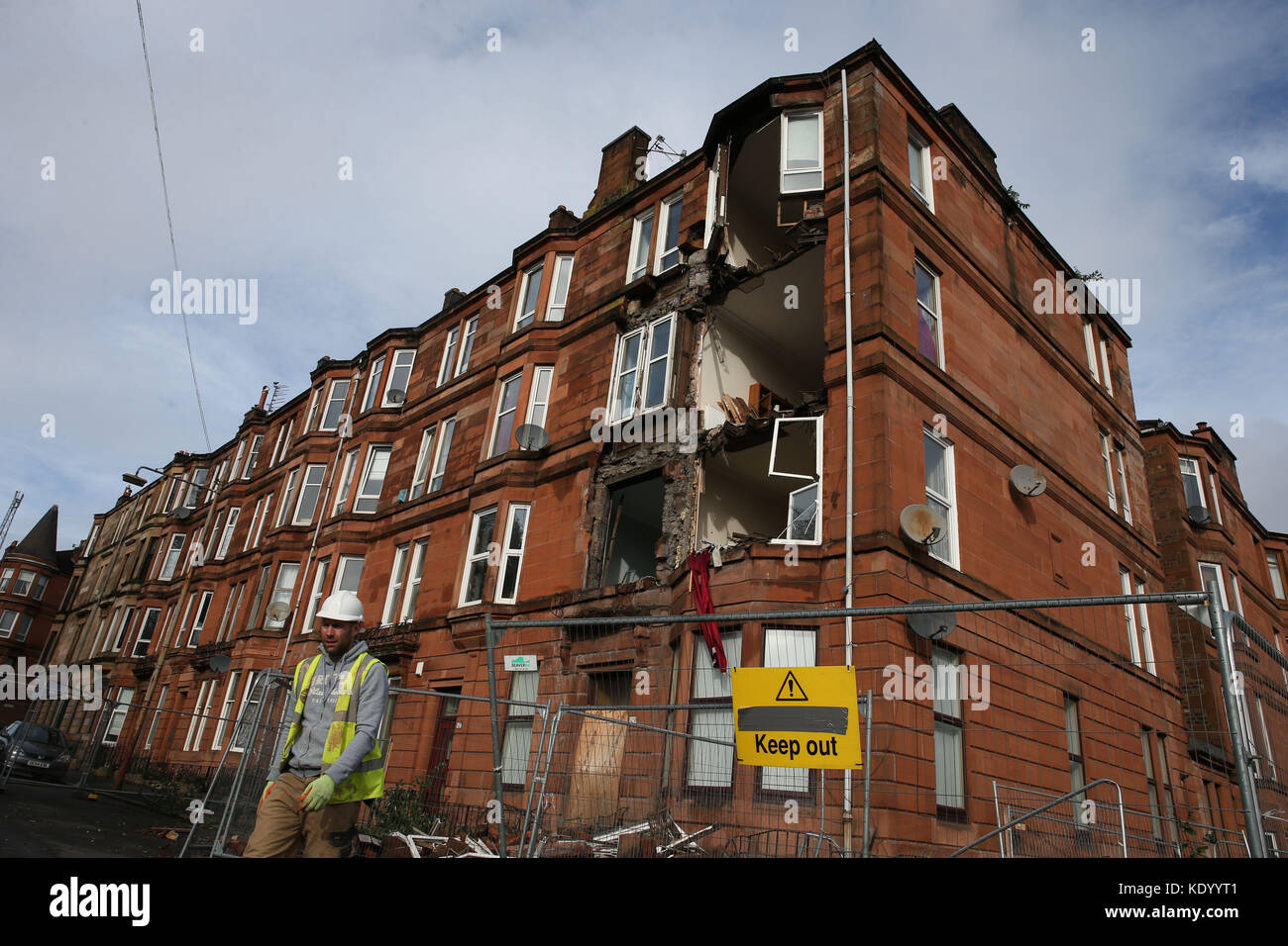 The scene in Crosshill, the south side of Glasgow, after the front of a block of flats, which are due for demolition, was brought down in high winds as Storm Ophelia sweeps across Scotland. Stock Photo