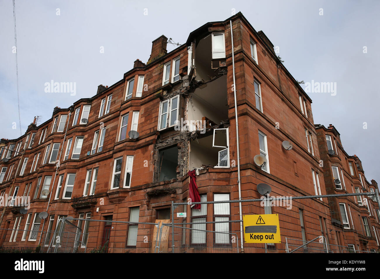 The scene in Crosshill, in the south side of Glasgow, after the front of a block of flats, which are due for demolition, was brought down in high winds as Storm Ophelia sweeps across Scotland. Stock Photo