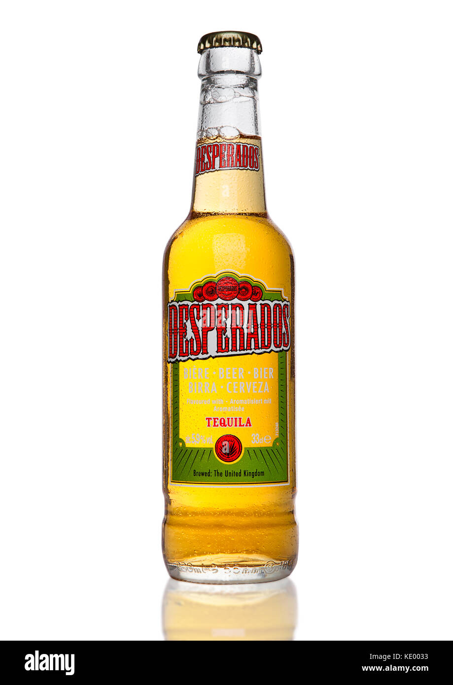 LONDON, UK - JANUARY 02, 2017: Bottle of Desperados beer on black background, lager flavored with tequila is a popular beer produced by Heineken and s Stock Photo
