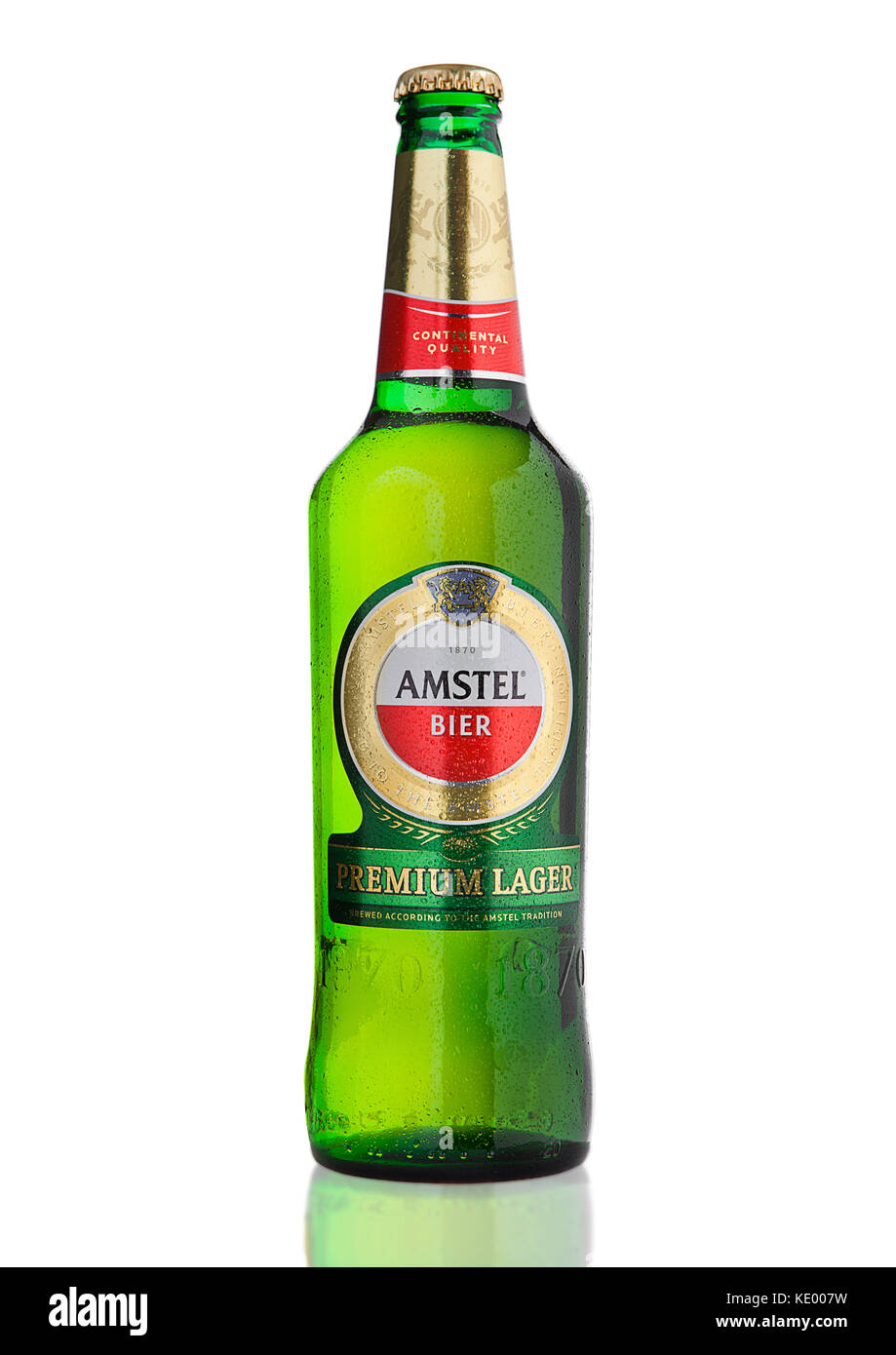 LONDON, UNITED KINGDOM - NOVEMBER 01, 2016: Cold bottle of Amstel Premium Lager on white background.Amstel is an internationally known brand of beer p Stock Photo