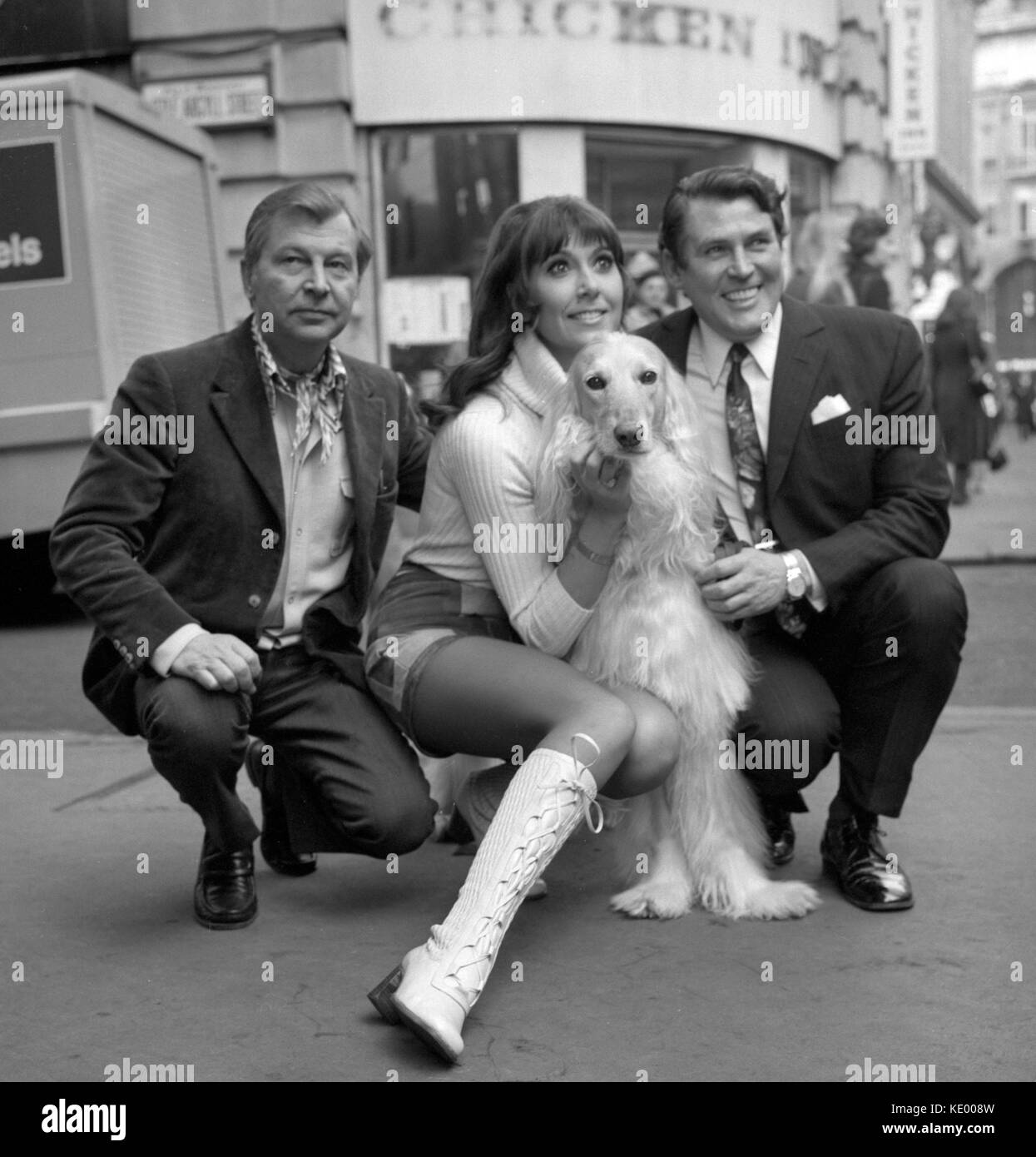 (L-R) Actor Clive Dunn, singer Anita Harris with her borzoi Albert and music pianist Russ Conway at the London Palladium spectacular summer Revue. Stock Photo