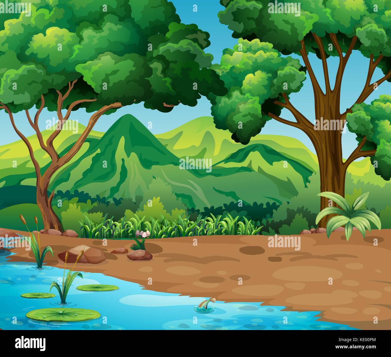 Scene with trees and river in forest illustration Stock Vector Image ...