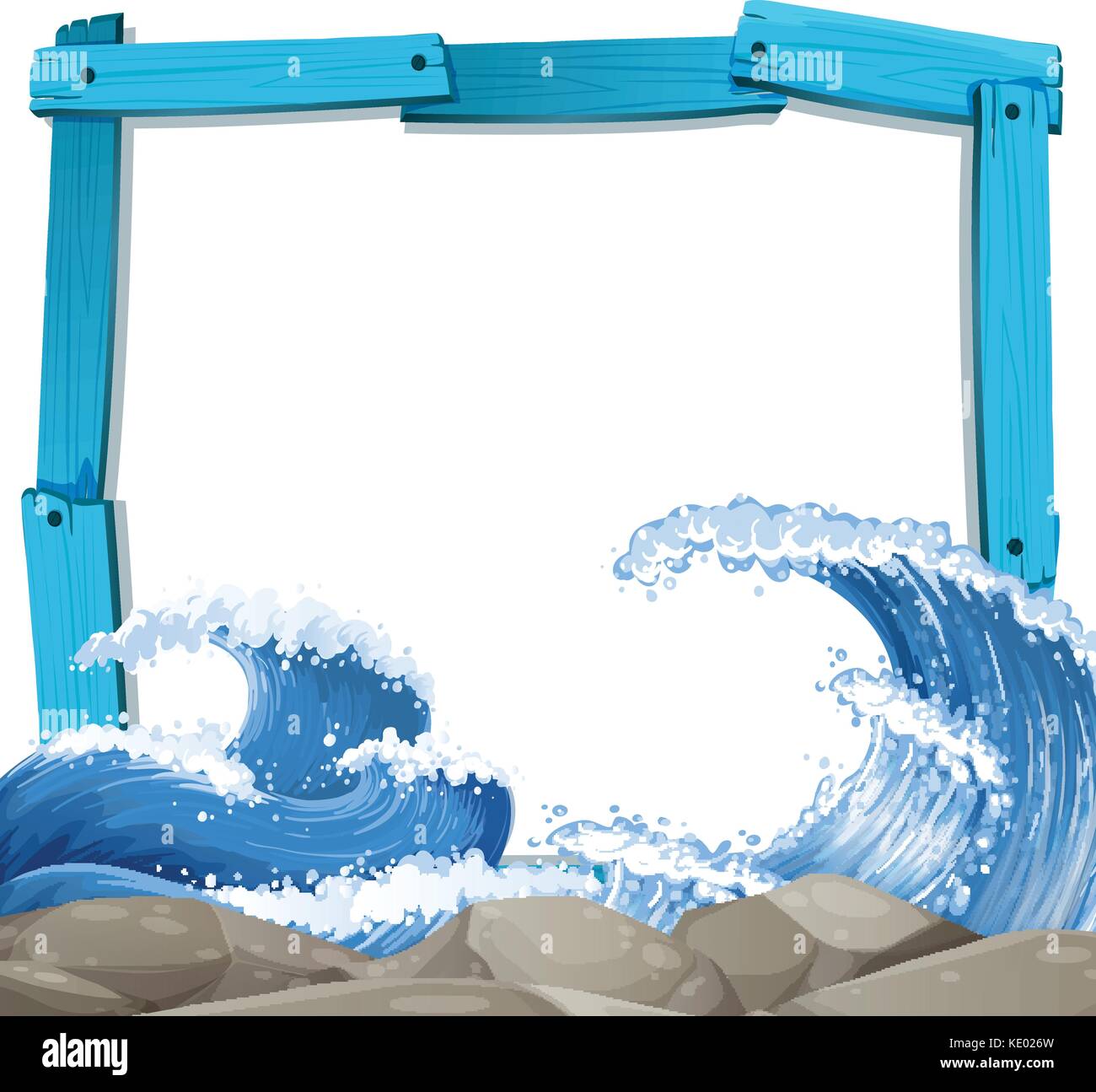 Blue frame template with giant waves background illustration Stock Vector