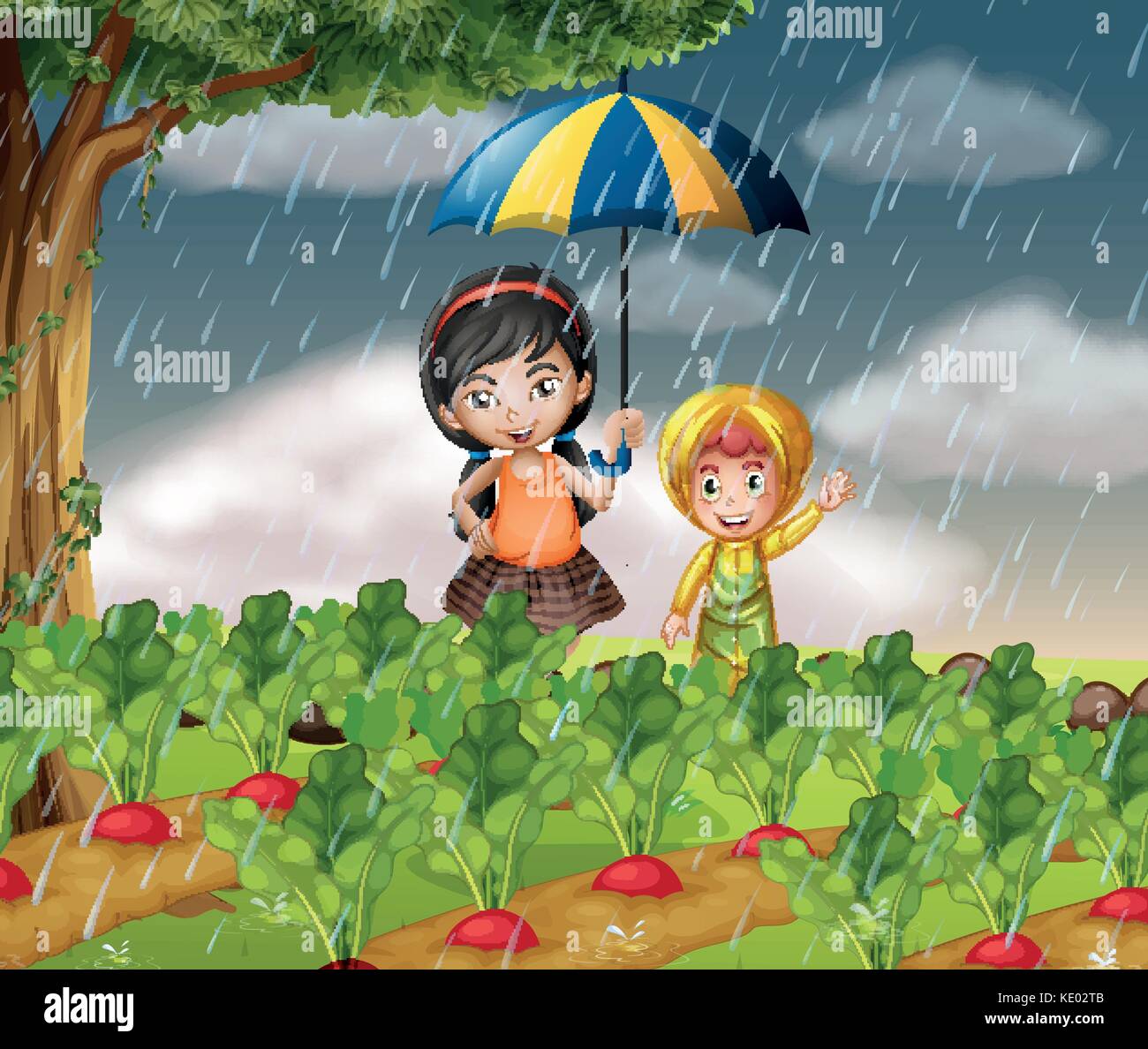 Kids in the garden when it is raining illustration Stock Vector Image ...