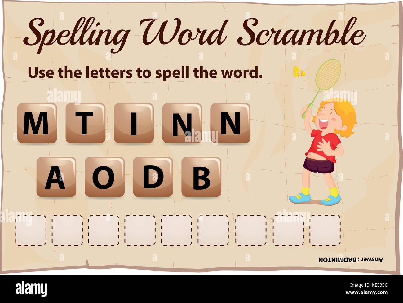 Spelling word scramble game with word badminton illustration Stock Vector