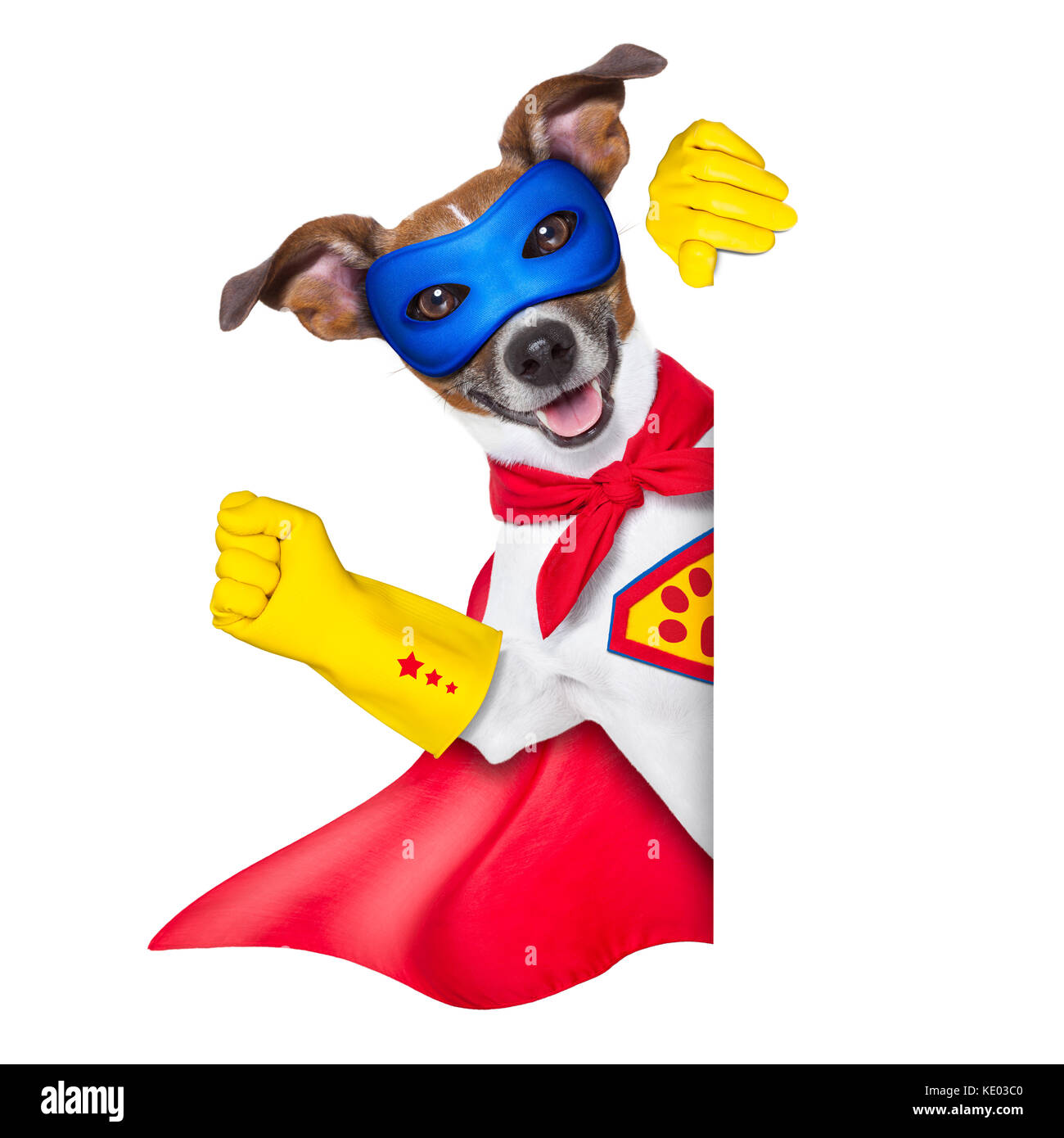Super Hero Dog With Red Cape And A Blue Mask Beside A Blank Banner