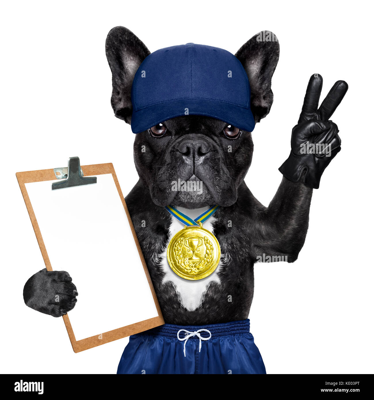 dog as gym trainer with gold medal making peace and winner signs with