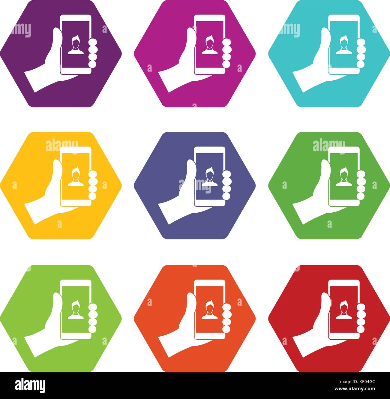 Hand holding smartphone with photo icon set color hexahedron Stock ...
