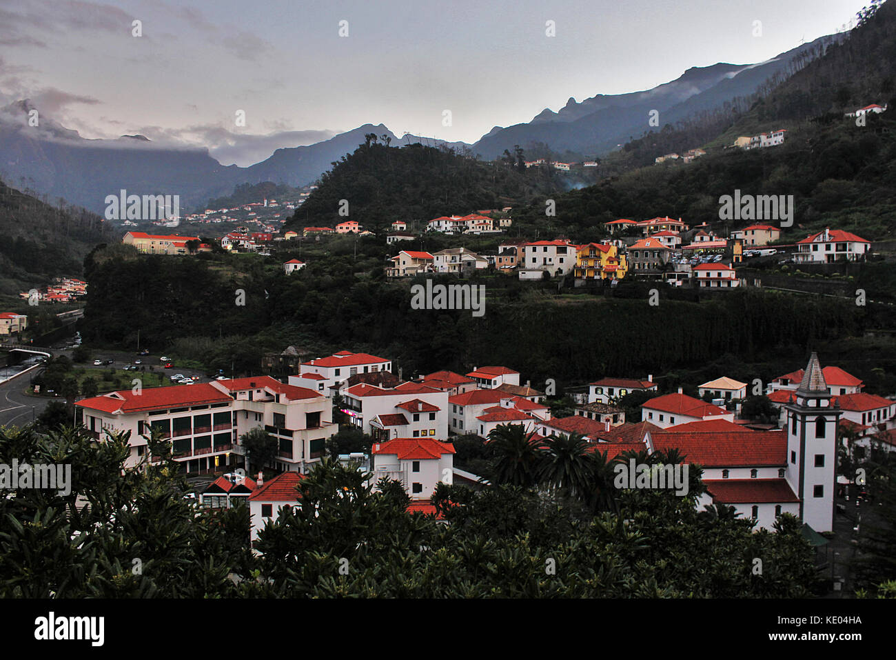 Evening view across the town of Sao Vicente on the North coast of the Portuguese island of Madeira. Stock Photo
