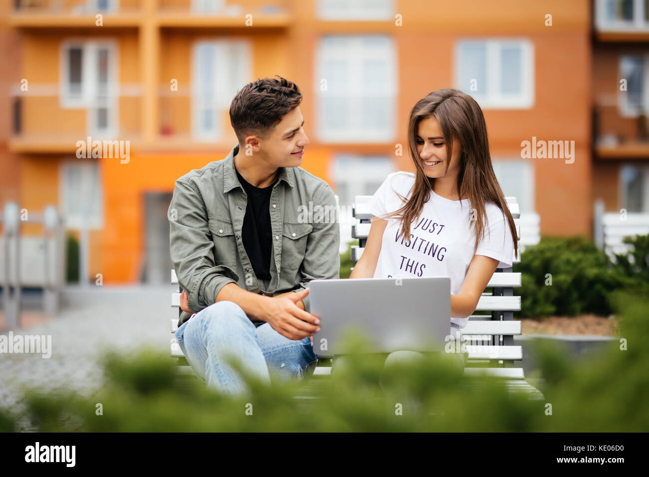 Young Urban People Outdoor Using Computer Laptop Stock Photo - Alamy
