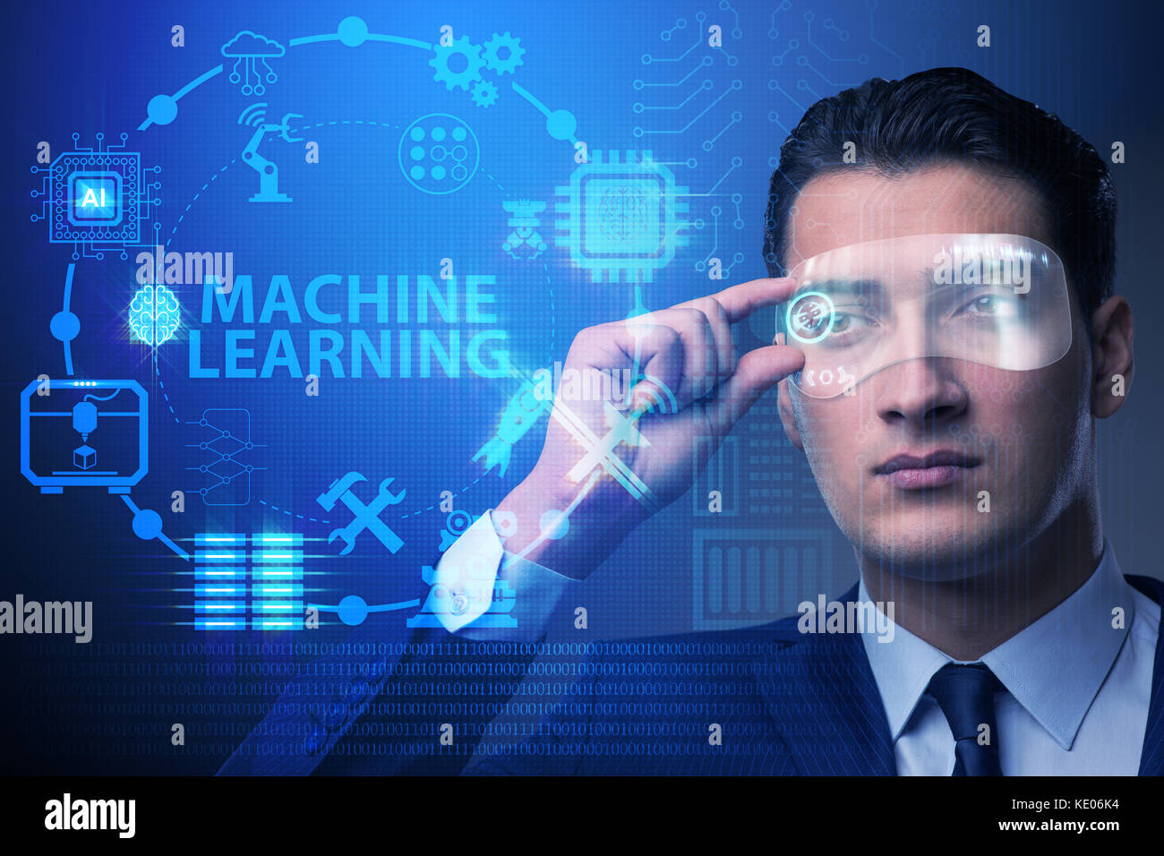 Businessman with futuristic glasses in machine learning concept Stock ...