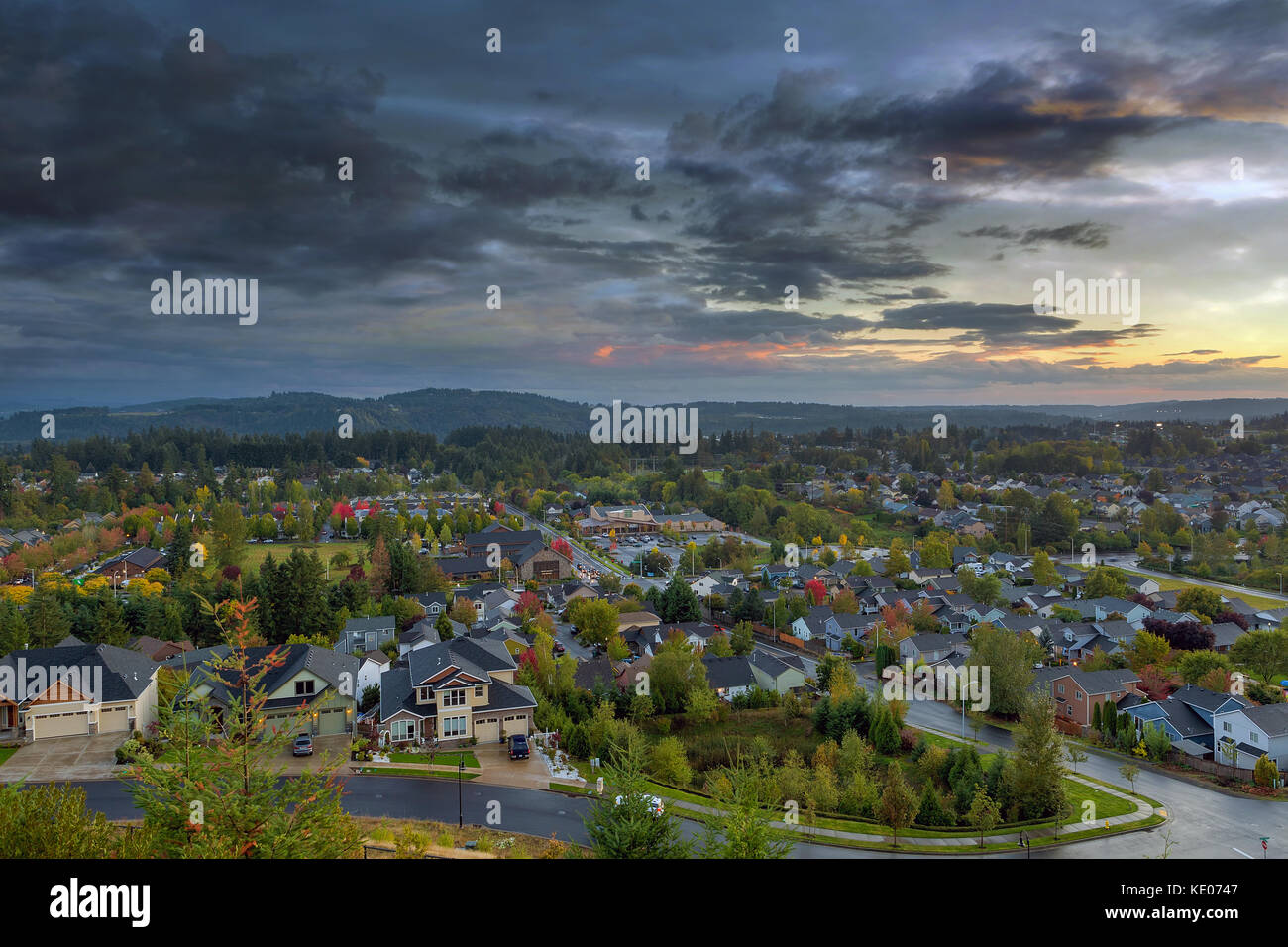 Aerial view of Happy Valley Oregon residential suburban neighborhood in